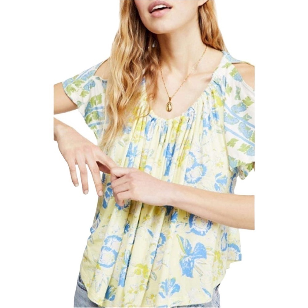 Free People Yellow Baja Babe Printed Cold Shoulder Short Sleeve Top Size XS